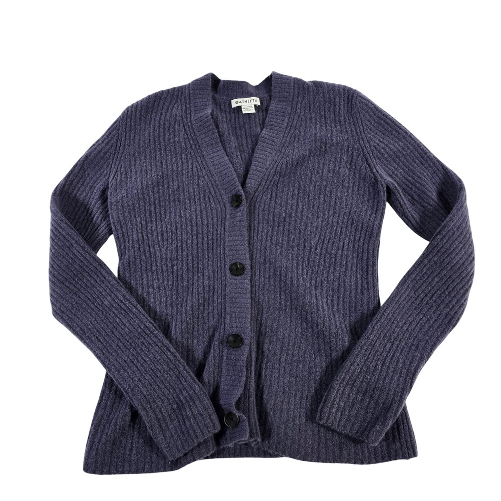 Athleta Purple Ribbed V-Neck Cardigan Button Front Knit‎ Women Small Merino Wool
